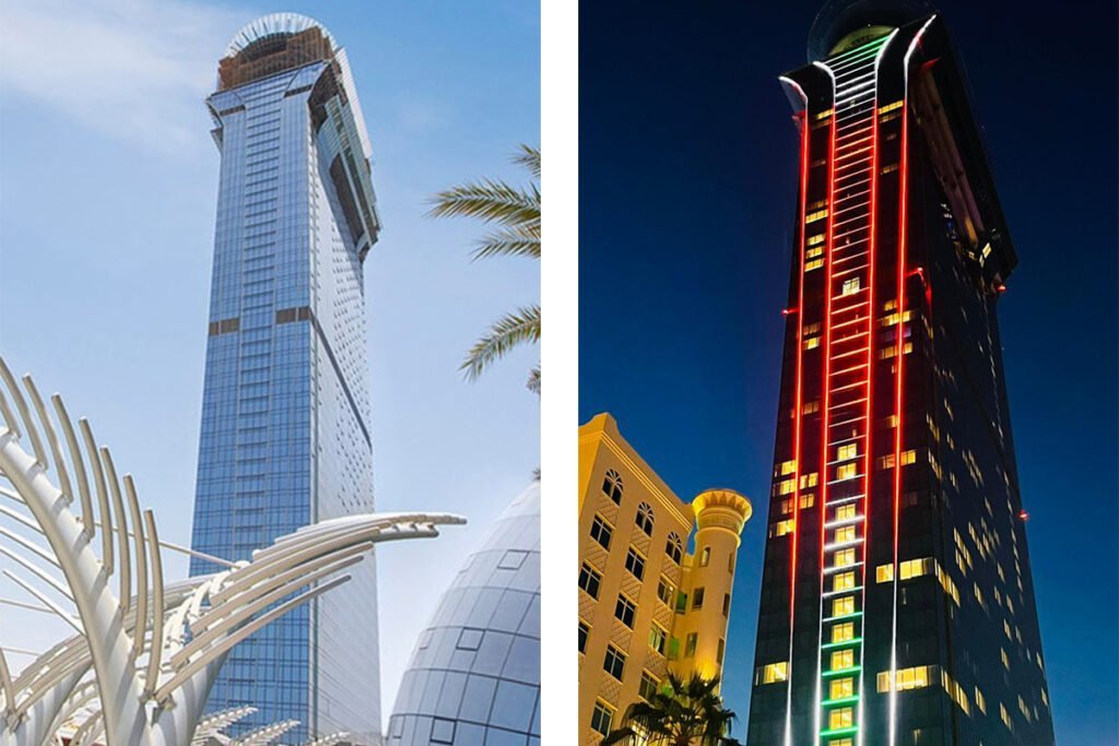 Johnson Technical Services Media Façade Palm Tower, Palm Jumierah Dubai Building Day and Night